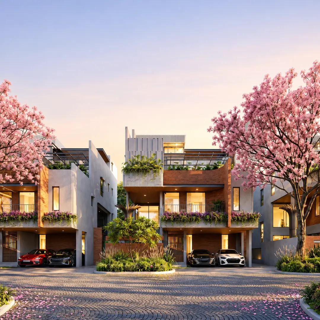 The villas at Inspira Trees of Life, framed by blossoming trees